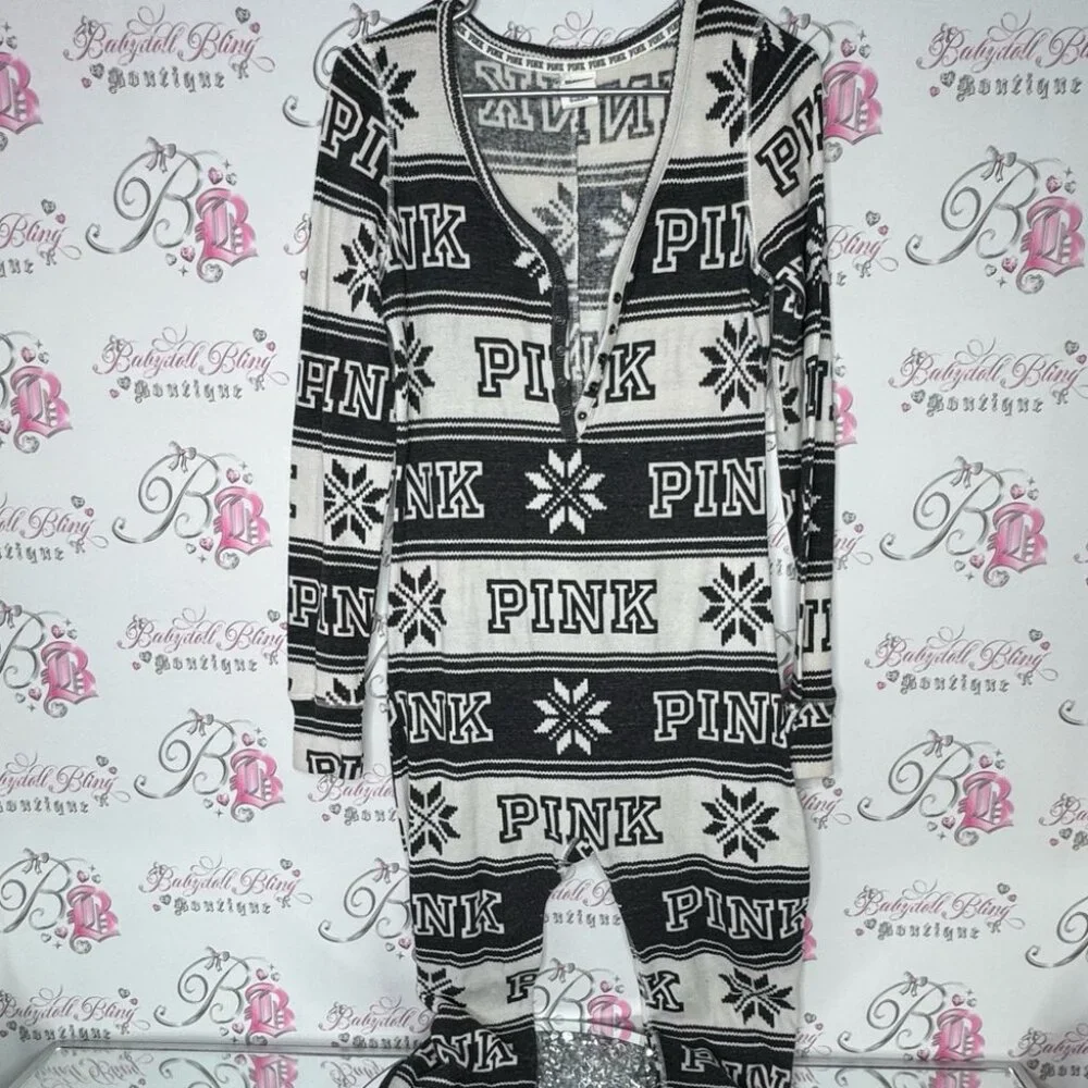 Victoria secret pink onesie long sleeve but flap waffle knit winter Pajamas - Picture 13 of 14